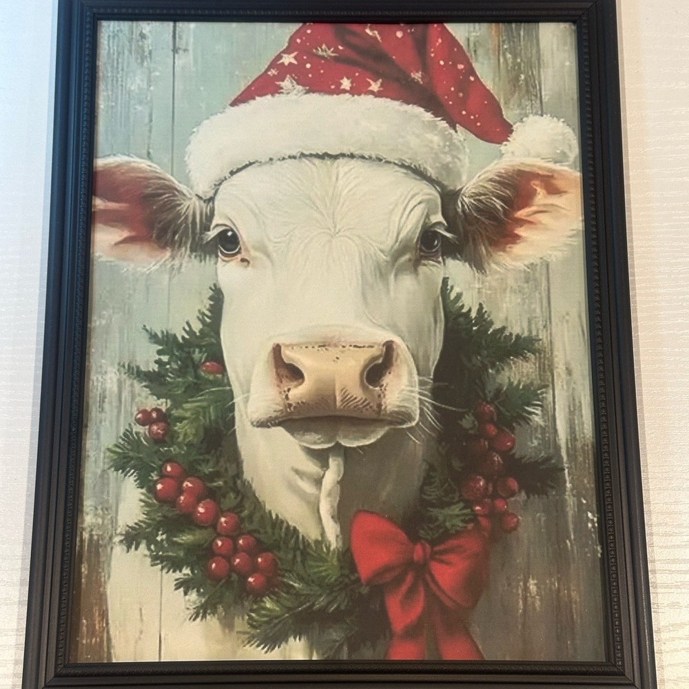 8x10 Cow Christmas Wreath With Hat Art Painting Print Framed Cute Holidays